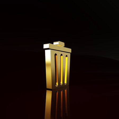 Gold Trash can icon isolated on brown background. Garbage bin sign. Recycle basket icon. Office trash icon. Minimalism concept. 3d illustration 3D renderの写真素材