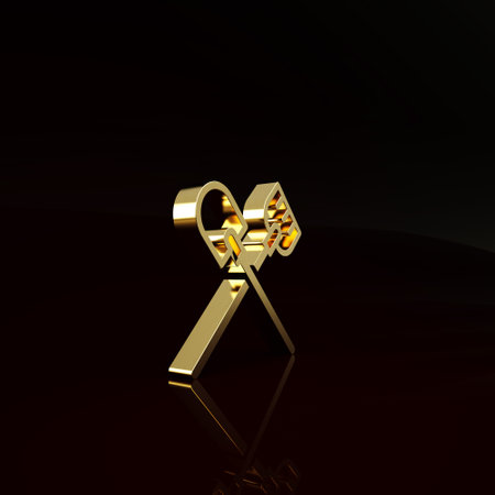 Gold Shovel icon isolated on brown background. Gardening tool. Tool for horticulture, agriculture, farming. Minimalism concept. 3d illustration 3D renderの写真素材