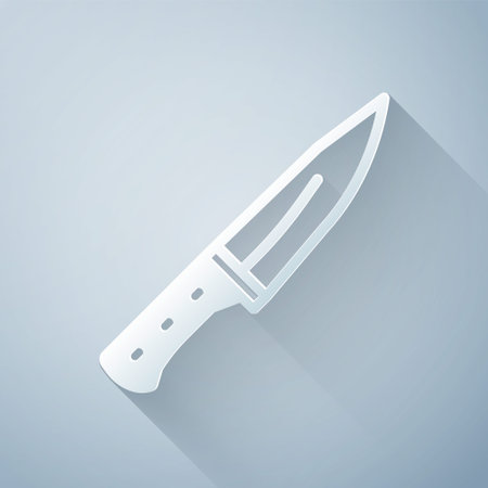 Paper cut Meat chopper icon isolated on grey background. Butcher knife. Kitchen knife for meat. Butcher knife. Paper art style. Vectorのイラスト素材