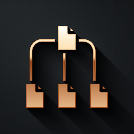 Gold Folder tree icon isolated on black background. Computer network file folder organization structure flowchart. Long shadow style. Vectorのイラスト素材