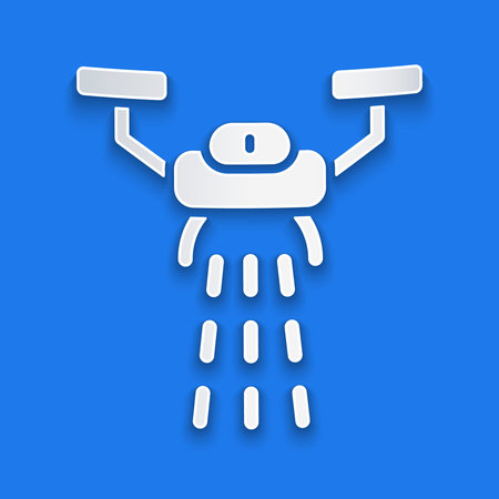 Paper cut Smart farm with drone control for seed planting icon isolated on blue background. Innovation technology for agricultural company. Paper art style. Vectorのイラスト素材