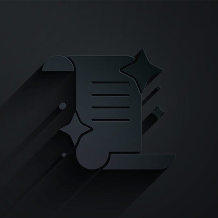 Paper cut Ancient magic book with alchemy recipes and mystic spells and enchantments icon isolated on black background. Paper art style. Vectorのイラスト素材