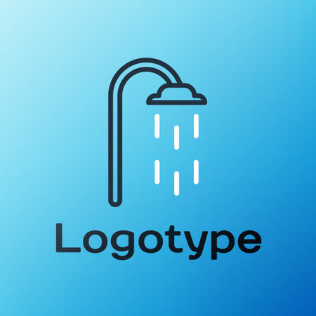 Line Shower head with water drops flowing icon isolated on blue background. Colorful outline concept. Vector Illustrationのイラスト素材