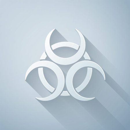 Paper cut Biohazard symbol icon isolated on grey background. Paper art style. Vectorのイラスト素材