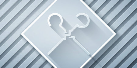 Paper cut BBQ skewers icon isolated on grey background. Meat kebab on skewer stick. Picnic with...