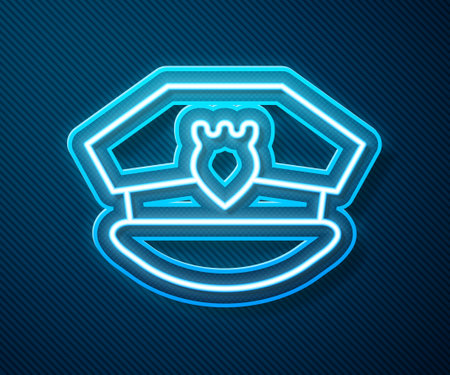 Glowing neon line Police cap with cockade icon isolated on blue background. Police hat sign. Vectorのイラスト素材