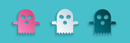 Paper cut Ghost icon isolated on blue background. Happy Halloween party. Paper art style. Vectorのイラスト素材