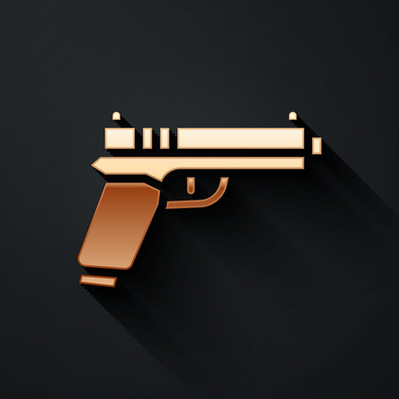 Gold Pistol or gun icon isolated on black background. Police or military handgun. Small firearm. Long shadow style. Vectorのイラスト素材
