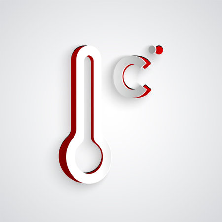 Paper cut Meteorology thermometer measuring icon isolated on grey background. Thermometer equipment showing hot or cold weather. Paper art style. Vectorのイラスト素材