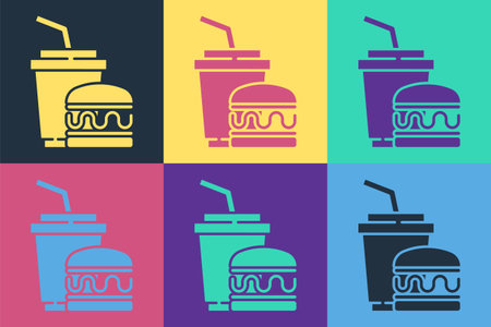 Pop art Paper glass with drinking straw and burger icon isolated on color background. Soda aqua drink sign. Hamburger, cheeseburger sandwich. Vectorのイラスト素材