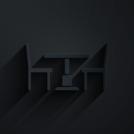 Paper cut Wooden table with chair icon isolated on black background. Paper art style. Vectorのイラスト素材