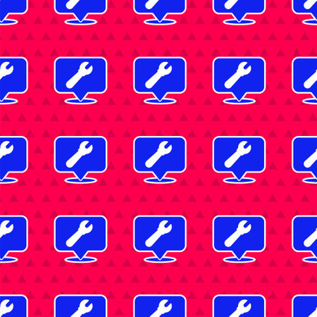 Blue Location with wrench spanner icon isolated seamless pattern on red background. Adjusting, service, setting, maintenance, repair, fixing. Vector Illustrationのイラスト素材