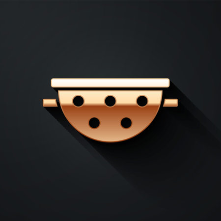 Gold Kitchen colander icon isolated on black background. Cooking utensil. Cutlery sign. Long shadow style. Vectorのイラスト素材