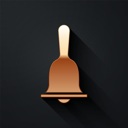 Gold Hotel service bell icon isolated on black background. Reception bell. Long shadow style. Vector