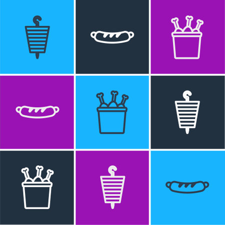 Set line Grilled shish kebab, Chicken leg in package box and Hotdog sandwich icon. Vectorのイラスト素材
