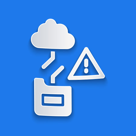 Paper cut Cloud technology data transfer and storage icon isolated on blue background. Paper art style. Vectorのイラスト素材