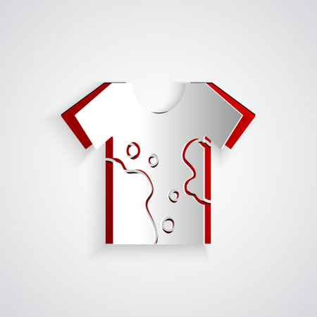 Paper cut Dirty t-shirt icon isolated on grey background. Paper art style. Vectorのイラスト素材