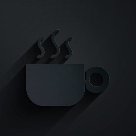 Paper cut Coffee cup icon isolated on black background. Tea cup. Hot drink coffee. Paper art style. Vectorのイラスト素材