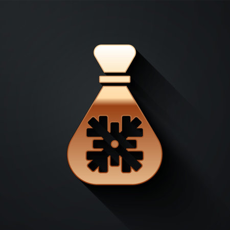Gold Santa Claus bag gift icon isolated on black background. Christmas presents sack. Merry Christmas and Happy New Year. Long shadow style. Vectorのイラスト素材
