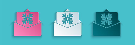 Paper cut Christmas postcard icon isolated on blue background. Merry Christmas and Happy New Year. Paper art style. Vectorのイラスト素材