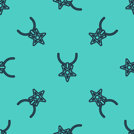 Black line Pentagram on necklace icon isolated seamless pattern on green background. Magic occult star symbol. Vectorのイラスト素材