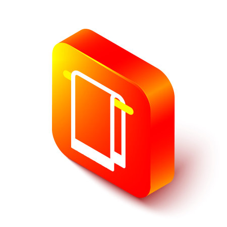 Isometric line Towel on a hanger icon isolated on white background. Bathroom towel icon. Orange square button. Vector Illustrationのイラスト素材