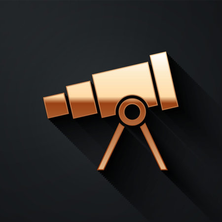 Gold Telescope icon isolated on black background. Scientific tool. Education and astronomy element, spyglass and study stars. Long shadow style. Vectorのイラスト素材