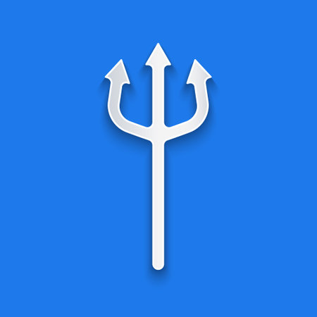 Paper cut Neptune Trident icon isolated on blue background. Happy Halloween party. Paper art style. Vectorのイラスト素材