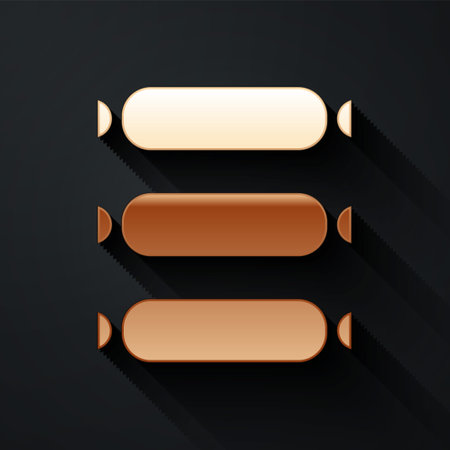 Gold Sausage icon isolated on black background. Grilled sausage and aroma sign. Long shadow style. Vectorのイラスト素材