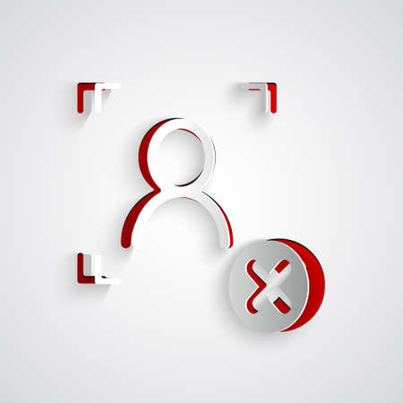 Paper cut Rejection face recognition icon isolated on grey background. Face identification scanner icon. Facial id. Cyber security concept. Paper art style. Vectorのイラスト素材