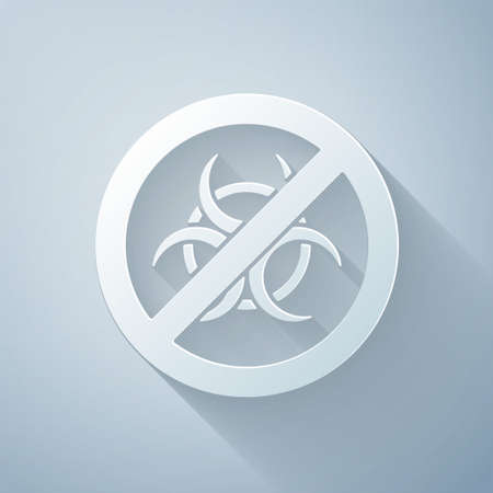 Paper cut Stop GMO icon isolated on grey background. Genetically modified organism acronym. Dna food modification. Paper art style. Vectorのイラスト素材
