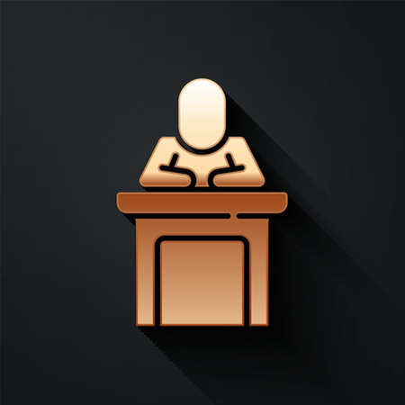 Gold Speaker icon isolated on black background. Orator speaking from tribune. Public speech. Person on podium. Long shadow style. Vectorのイラスト素材