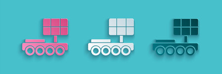 Paper cut Mars transportation icon isolated on blue background.  Apparatus for studying planets...