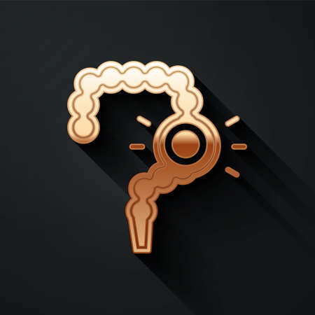 Gold Gut constipation icon isolated on black background. Bowel problems. Long shadow style. Vectorのイラスト素材