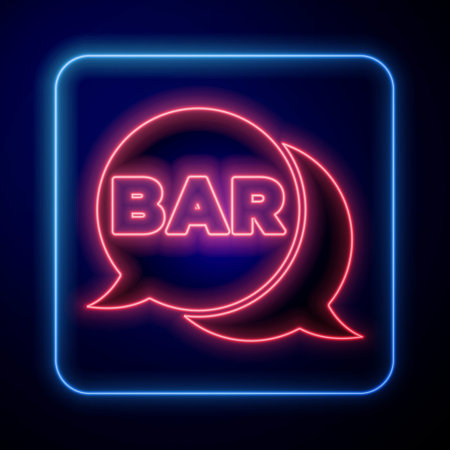 Glowing neon Street signboard with inscription Bar icon isolated on blue background. Suitable for advertisements bar, cafe, restaurant. Vectorのイラスト素材