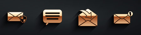 Set Envelope with shield, Speech bubble chat, Envelope and Envelope icon with long shadow. Vector