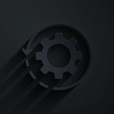 Paper cut Gear and arrows as workflow concept icon isolated on black background. Gear reload sign. Paper art style. Vector Illustrationのイラスト素材