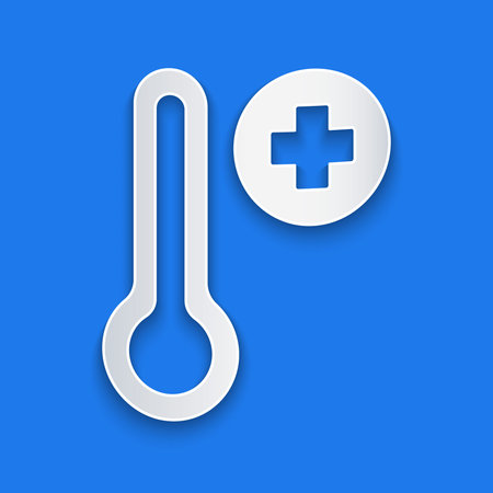 Paper cut Meteorology thermometer measuring icon isolated on blue background. Thermometer equipment...
