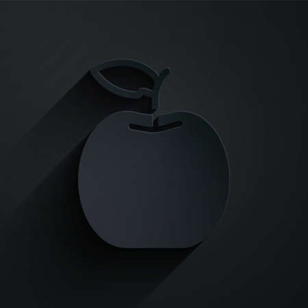 Paper cut Apple icon isolated on black background. Fruit with leaf symbol. Paper art style. Vectorのイラスト素材