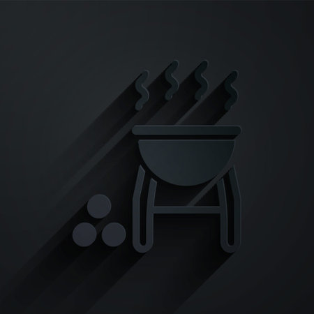 Paper cut Barbecue grill icon isolated on black background. BBQ grill party. Paper art style. Vectorのイラスト素材