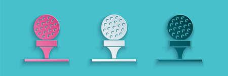 Paper cut Golf ball on tee icon isolated on blue background. Paper art style. Vectorのイラスト素材