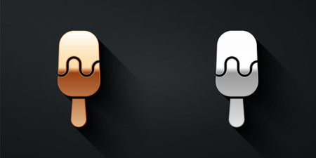Gold and silver Ice cream on stick icon isolated on black background. Sweet symbol. Long shadow style. Vectorのイラスト素材