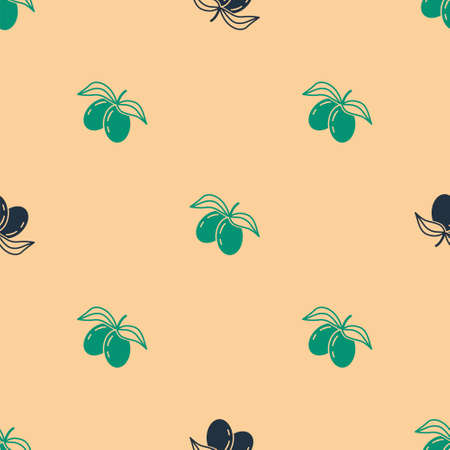 Green and black Olives branch icon isolated seamless pattern on beige background. Vectorのイラスト素材