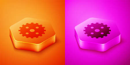 Isometric Bicycle sprocket crank icon isolated on orange and pink background. Hexagon button. Vectorのイラスト素材