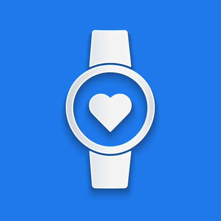 Paper cut Smart watch showing heart beat rate icon isolated on blue background. Fitness App concept. Paper art style. Vectorのイラスト素材