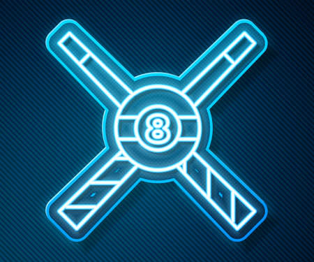 Glowing neon line Crossed billiard cues and ball icon isolated on blue background. Vectorのイラスト素材