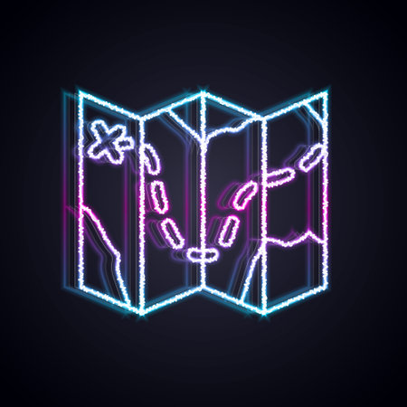 Glowing neon line Golf course layout icon isolated on black background. Vectorのイラスト素材