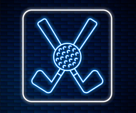 Glowing neon line Crossed golf club with ball icon isolated on brick wall background. Vectorのイラスト素材