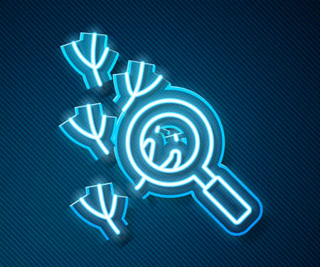 Glowing neon line Bird footprint under magnifying glass icon isolated on blue background. Animal foot. Vectorのイラスト素材