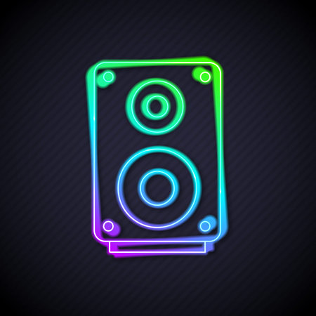 Glowing neon line Stereo speaker icon isolated on black background. Sound system speakers. Music icon. Musical column speaker bass equipment. Vectorのイラスト素材